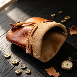Op de afbeelding: Een bruine leren buidel met trekkoord, een beige suède voering en een leren sluiting. De buidel is omringd door verschillende kleine ronde koperen knopen en een zakhorloge met een goudkleurige metalen ketting en een bijpassende behuizing.