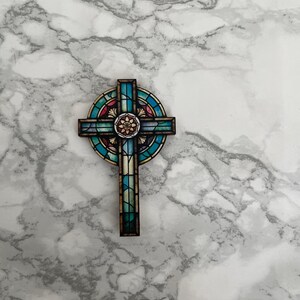 Stain glass window cross, wooden cutout for crafting and jewellery making.