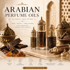 May include: Three glass perfume oil bottles with ornate gold caps and intricate gold filigree patterns. The bottles contain dark amber liquid. Nearby are pieces of dark wood and resin, a gold incense burner, and a small gold cap.