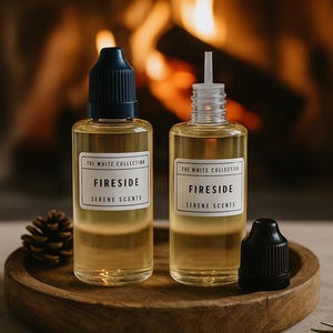 May include: Two glass bottles of "Fireside Serene Scents" perfume with white labels and dark blue caps, presented on a wooden tray. One bottle is open. A pine cone and a sprig of rosemary are also on the tray. The background shows a blurred fireplace.