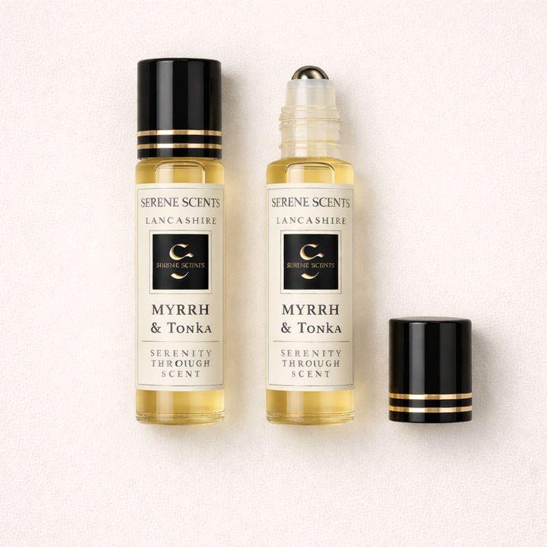 Myrrh & Tonka Perfume Oil Rollerball | 10ml | Warm Amber Unisex Scent | Alcohol Free | Vegan image 1