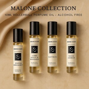 K&ouml;nnte beinhalten: Vier Rollerball-Parf&uuml;m&ouml;le aus der Malone-Kollektion. Jede 10-ml-Flasche hat einen schwarzen Deckel und ein Etikett mit dem Markennamen und dem Duft. D&uuml;fte sind Oud & Bergamot, Lime Basil & Mandarin, Saffron und Rose Amber. Alkoholfrei.