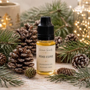 May include: A small clear glass bottle of Serene Scents Pine Cone fragrance oil with a black dropper cap. The label features the text Serene Scents, PINE CONE, and FRAGRANCE OIL ALCOHOL FREE. The bottle is surrounded by several brown pine cones.