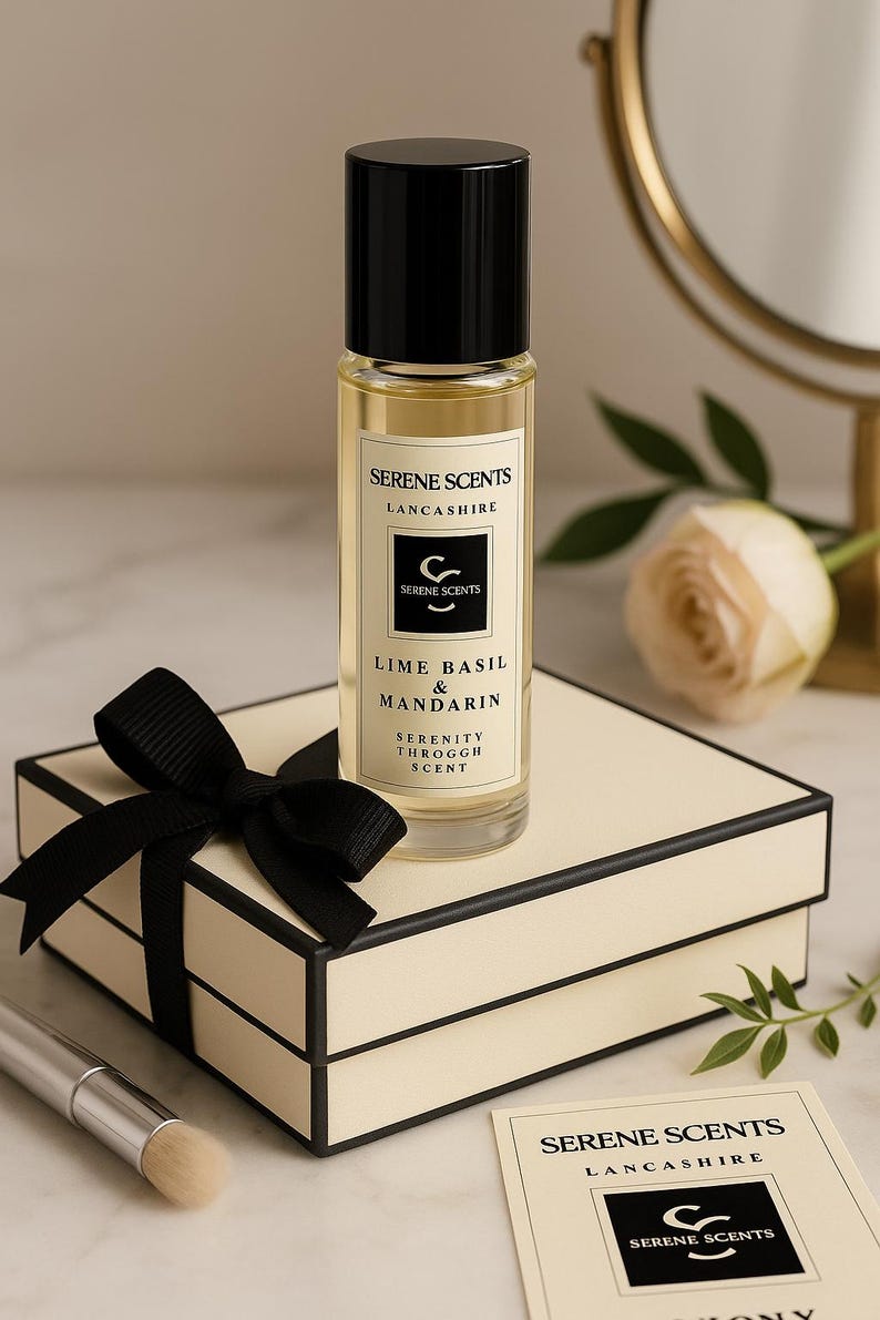 K&ouml;nnte beinhalten: Eine klare Glasflasche Serene Scents Lime Basil & Mandarin Duft, mit schwarzem Deckel, auf einer cremefarbenen Geschenkbox mit schwarzer Schleife. Das Etikett zeigt den Markennamen und die Duftbeschreibung. Die Flasche ist ca. 10 cm hoch.