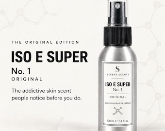 May include: A silver metal spray bottle of Serene Scents ISO E SUPER No. 1 Original molecular eau de parfum. The label features the text The Original Edition, ISO E SUPER No. 1 Original, and 100 ml 3.4 fl. oz. with a black spray nozzle.
