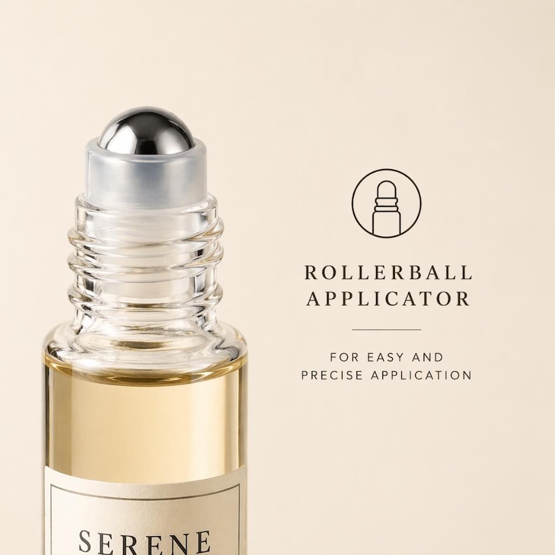 May include: A clear glass rollerball applicator bottle with a silver cap, filled with a light amber liquid. The text "ROLLERBALL APPLICATOR" and "FOR EASY AND PRECISE APPLICATION" are visible.