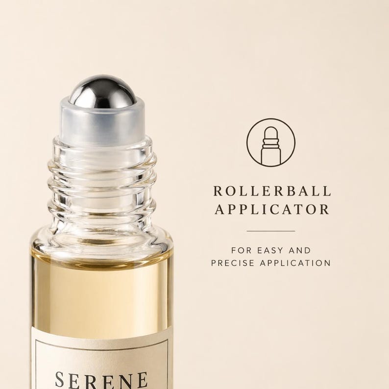 May include: A clear glass rollerball applicator bottle with a silver cap, filled with a light amber liquid. The text "ROLLERBALL APPLICATOR" and "FOR EASY AND PRECISE APPLICATION" are visible.