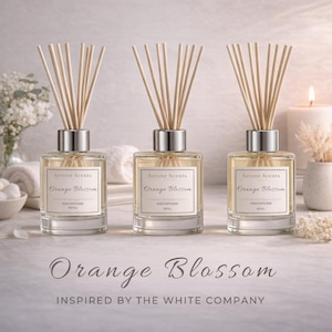 May include: Three glass reed diffusers with silver tops and wooden reeds. Each diffuser has a label that reads "Serene Scents Orange Blossom." The text "Orange Blossom" is also displayed at the bottom of the image.