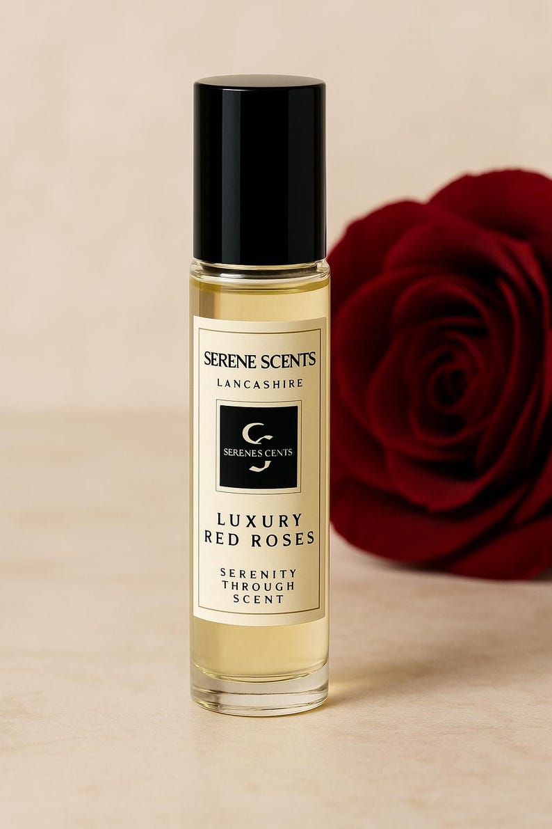 May include: A clear glass perfume bottle with a black cap, labeled "Serene Scents Lancashire" and "Luxury Red Roses." A deep red rose is in the background. The bottle contains a light yellow liquid. The label also says "Serenity Through Scent."