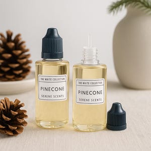 May include: Two glass bottles of Pinecone scented oil from The White Collection. The bottles have dark blue caps and white labels. The oil is a light amber colour. The labels read "Pinecone Serene Scents".