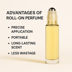 K&ouml;nnte beinhalten: Eine transparente Roll-on-Parf&uuml;mflasche mit silberner Kappe und gelber Fl&uuml;ssigkeit. Der Text "ADVANTAGES OF ROLL-ON PERFUME" steht oben, mit Aufz&auml;hlungspunkten f&uuml;r "PRECISE APPLICATION", "PORTABLE", "LONG-LASTING SCENT" und "LESS WASTAGE".