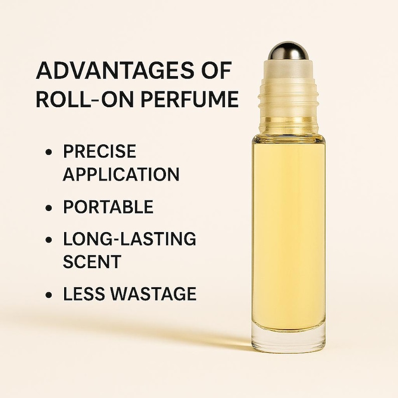 K&ouml;nnte beinhalten: Eine transparente Roll-on-Parf&uuml;mflasche mit silberner Kappe und gelber Fl&uuml;ssigkeit. Der Text "ADVANTAGES OF ROLL-ON PERFUME" steht oben, mit Aufz&auml;hlungspunkten f&uuml;r "PRECISE APPLICATION", "PORTABLE", "LONG-LASTING SCENT" und "LESS WASTAGE".