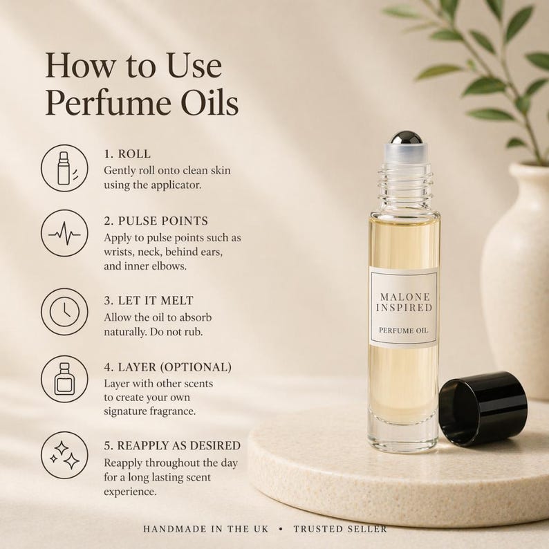 May include: A perfume oil bottle with a roll-on applicator, labeled "MALONE INSPIRED PERFUME OIL." The image includes instructions on how to use perfume oils, with text that reads "HANDMADE IN THE UK." The bottle is on a neutral background.