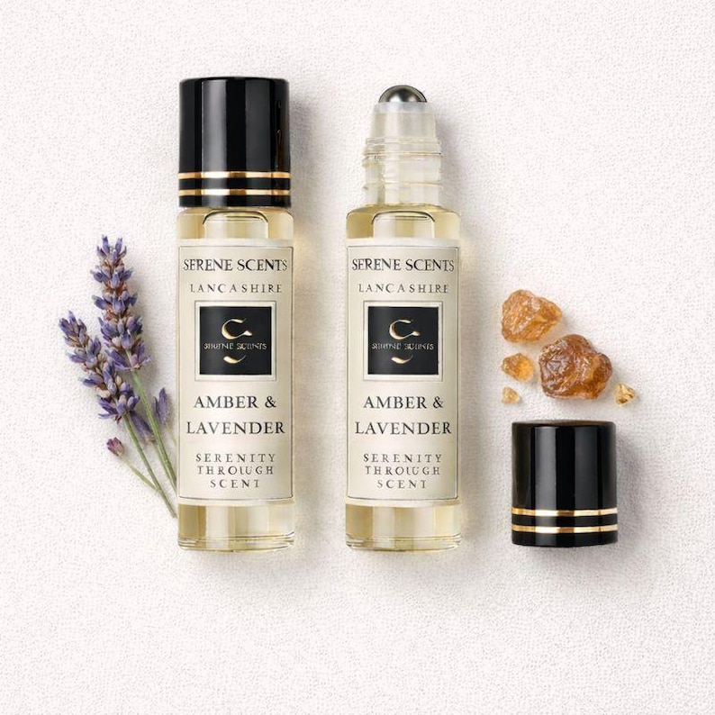 Amber & Lavender Perfume Oil Rollerball 10ml | Alcohol Free | Vegan | Calming Warm Unisex Scent image 1
