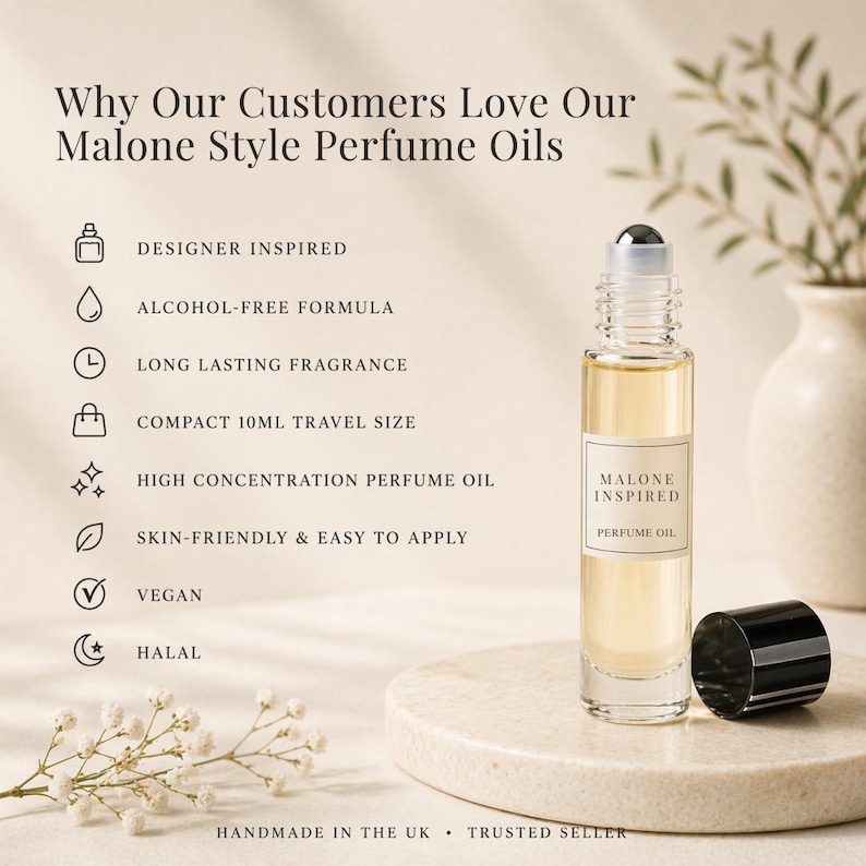 May include: A perfume oil bottle with a black cap and a label that reads "Malone Inspired Perfume Oil." The image includes text that says "Why Our Customers Love Our Malone Style Perfume Oils" and lists features like "Alcohol-Free Formula" and "Vegan."