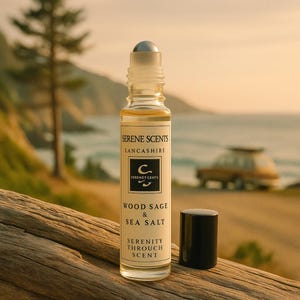 May include: A glass roll-on bottle with a silver rollerball and a black lid. The label reads "Serene Scents Lancashire" and "Wood Sage & Sea Salt". The bottle is on a piece of driftwood, with a coastal scene in the background.