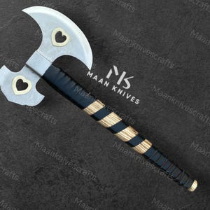Hand-Forged Mountaineer&#39;s Axe: Heart Cutouts, Leather-Wrapped Ash Wood Handle