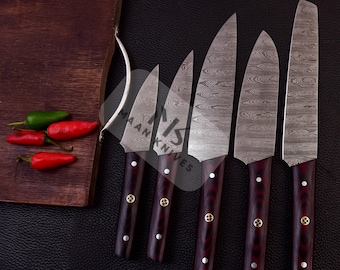 Hand Forged Damascus Steel Chef Knife Set: Macarta Handle, with Leather Roll Christmas Gift