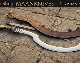 Handsmidda svärd av egyptiska gudar | Khopesh-klinga i egyptisk stil | Samlarrekvisita i forntida mytologi med läderslida