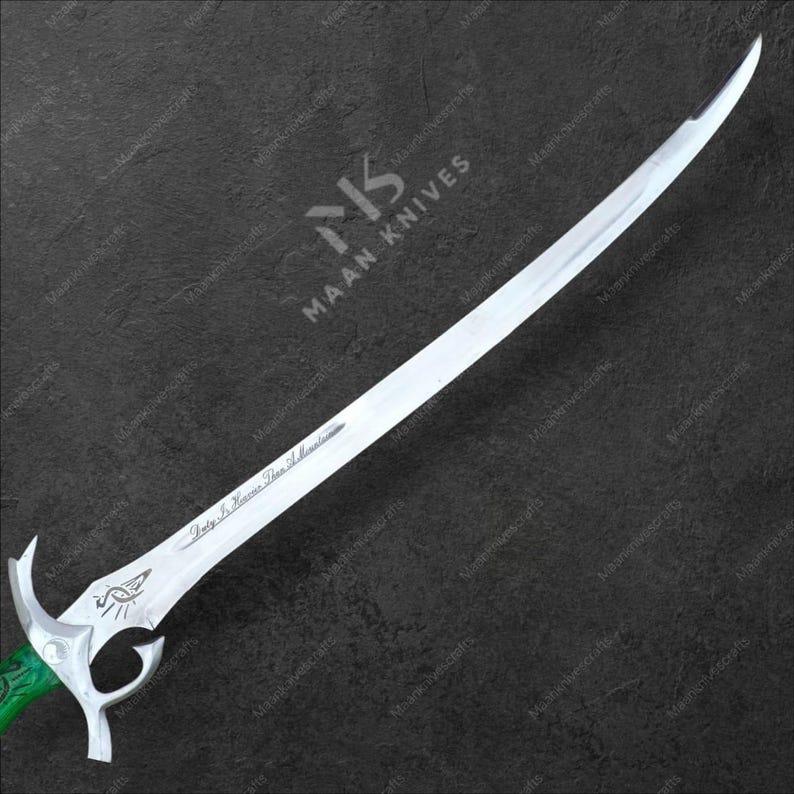 May include: A curved, silver sword with a polished blade and a green handle. The sword features intricate designs near the hilt and text on the blade. The handle has a textured, green grip. The sword is set against a dark background.