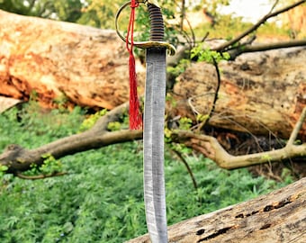 Hand-Forged Damascus Steel Saber Sword | Pirate Cutlass with Red Tassel