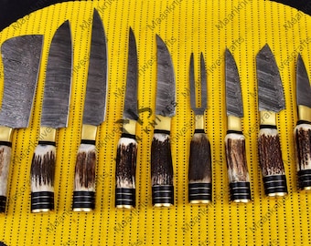 Handgemaakte damaststalen keukenmessenset – handvat van hertshoorn, 9-delige chef-kokcollectie
