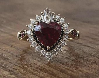 3Ct Heart Cut Garnet & Moissanite Ring, 925 Sterling Silver Beautiful Wedding/Engagement Ring