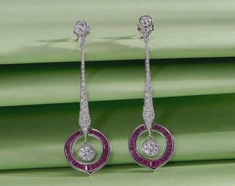 Art Deco Ruby Moissanite Dangle Earrings, 14K White Gold Finish Engagement Jewelry