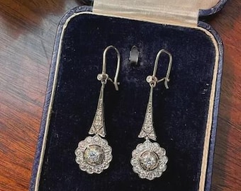 Art Deco Style Round Cut Moissanite 14K White Gold Finish Dangle/Drop Wedding Earrings
