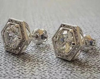 Art Deco Style Round Cut Moissanite Stud Earrings, 925 Silver Wedding/Engagement Gift Earrings