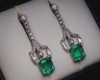 Art Deco Style Green Emerald & Moissanite Earrings, 925 Silver Anniversary Gift Dangle/Drop Earrings