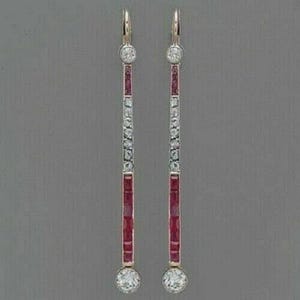 Art Deco Style Moissanite & Ruby Long Tear Drop Ring, 925 Sterling Silver Engagement Earrings
