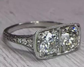 Two Stone Art Deco Style Round Cut Moissanite Ring, 925 Sterling Silver Beautiful Wedding/Engagement/Anniversary Ring