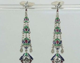 Art Deco Style Moissanite & Multi Dangle Drop Ring, 925 Sterling Silver Engagement Earrings