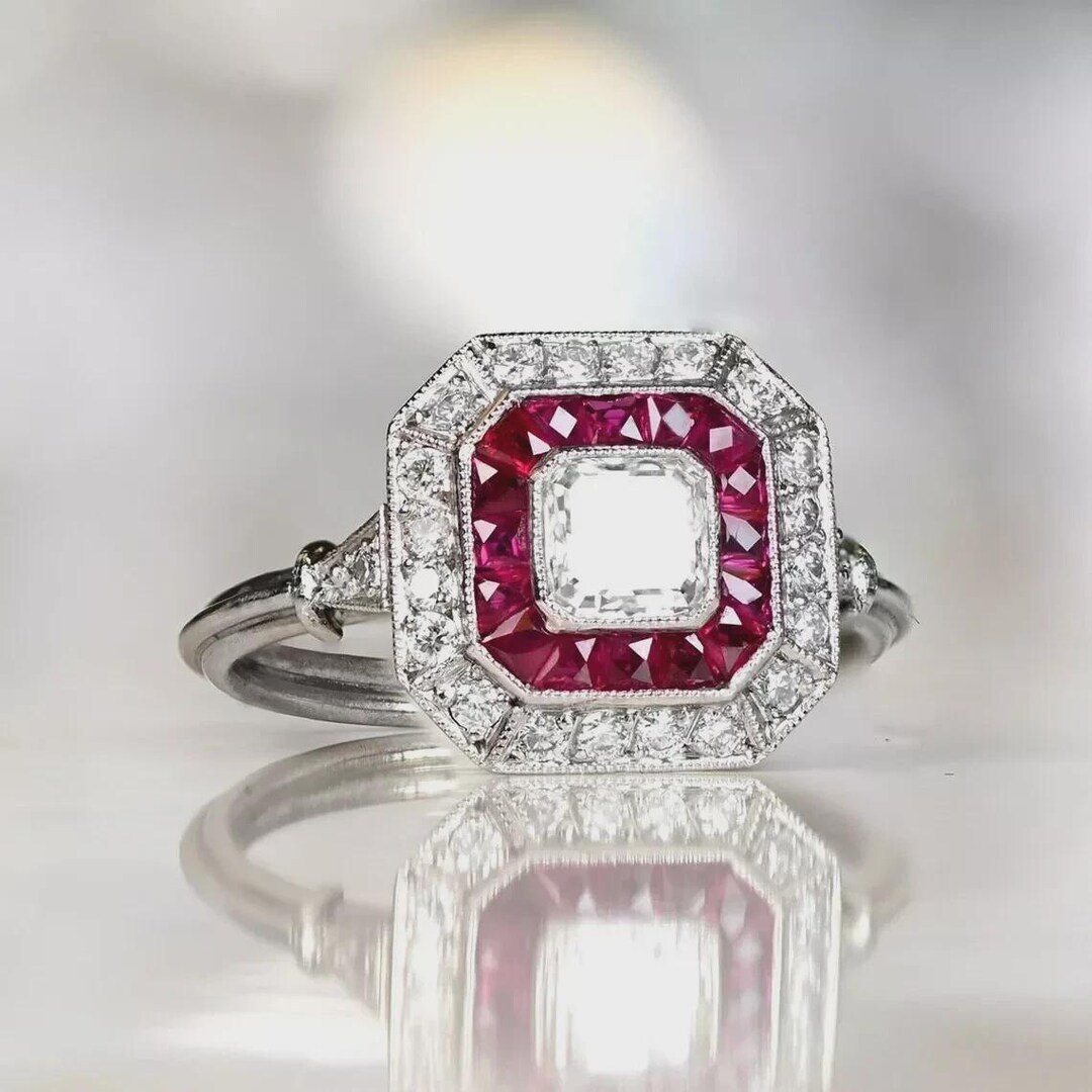 Art Deco Style Ring, Asscher Cut Lab Created Diamond & Ruby Ring ...