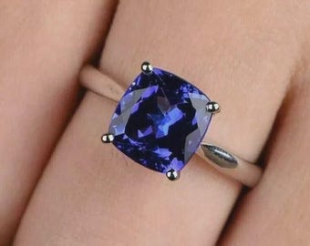 Cushion Cut Sapphire & Moissanite Ring, 925 Sterling Silver Minimalist Wedding/Engagement Ring For Woman's