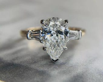 3Ct Pear Cut Moissanite Three Stone Ring, Sterling Silver Engagement Ring For Woman