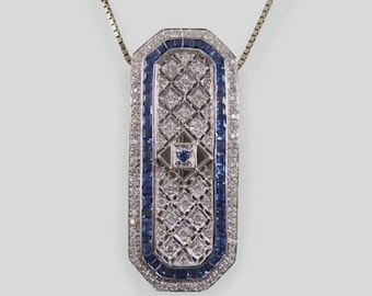 Art Deco Style Round Cut Moissanite & Blue Stone 925 Silver Pendant, Anniversary Gift Pendant