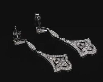Art Deco Style Round Cut Moissanite 925 Sterling Silver Drop/Dangle Earrings