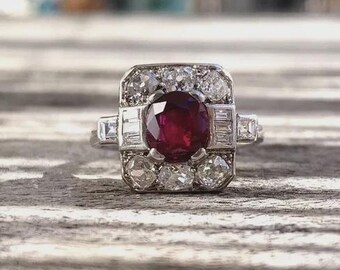 Art Deco Style Oval Cut Ruby & Moissanite Ring, 14K White Gold Finish Beautiful Wedding/Engagement Ring