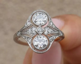 2.30Ct Art Deco Style Round Cut Moissanite Two Stone Ring, 925 Sterling Silver Milgrain Wedding/Engagement/Anniversary Ring