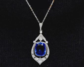 Art Deco Style 12Ct Cushion Sapphire & Lab Created Diamond 14K White Gold Finish Pendant
