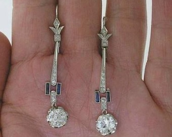 Art Deco Style Round Cut Moissanite & Sapphire 14K White Gold Finish Engagement Clip On Earrings