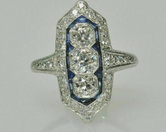 Art Deco Style Ring, Round Cut Lab Created Diamond & Sapphire Ring, 14K White Gold Finish Women's Ring, Engagement Ring, Wedding Bridal Ring