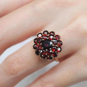 May include: A gold ring featuring a cluster of deep red gemstones arranged in a floral pattern. The center stone is a larger, darker red gem, surrounded by smaller, lighter red stones. The ring is set on a gold band.