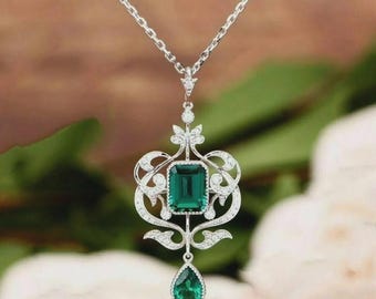 Art Deco Vintage Style Green Emerald & Moissanite 925 Silver Pendant, Women's Anniversary Gift Pendant