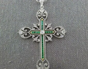 Sterling Silver Emerald Moissanite Cross Pendant, Anniversary Party Wear Jewelry