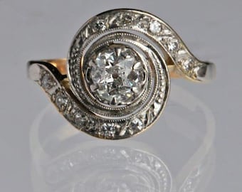 Art Deco Moissanite Engagement Ring, 14K Yellow Gold Finish Sterling Silver