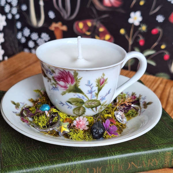 Adorable Vintage Demitasse Teacup & Saucer Handmade Clove-scented Candle with Adornments