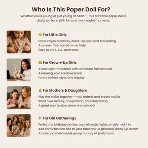 May include: A promotional image with text that reads "Who Is This Paper Doll For?" and details on who the paper doll is for, including little girls, grown-up girls, mothers & daughters, and girl gatherings.